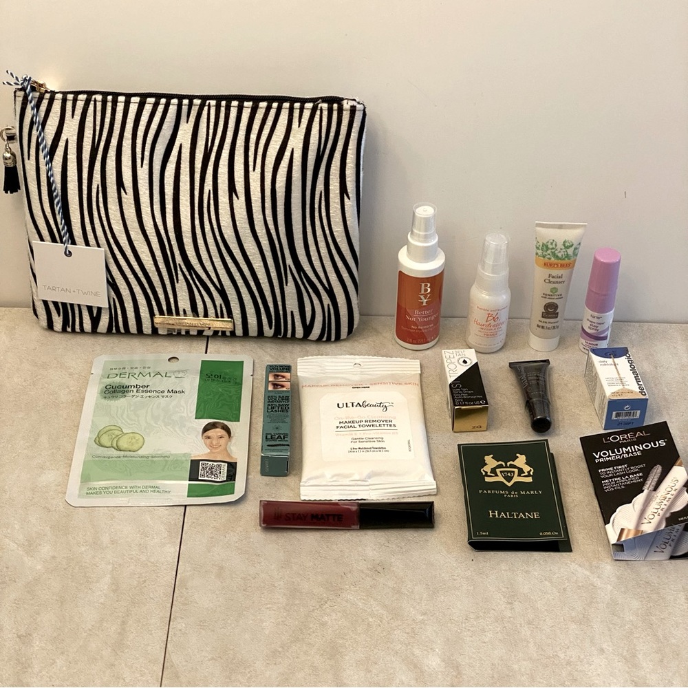 Faux zebra print makeup bag with samples